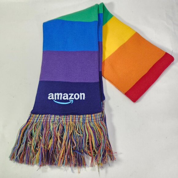 Rainbow Pride Neck Scarf 61"x7" Amazon Promo Embroidered Stitch Logo Fringe Tip - Picture 2 of 11